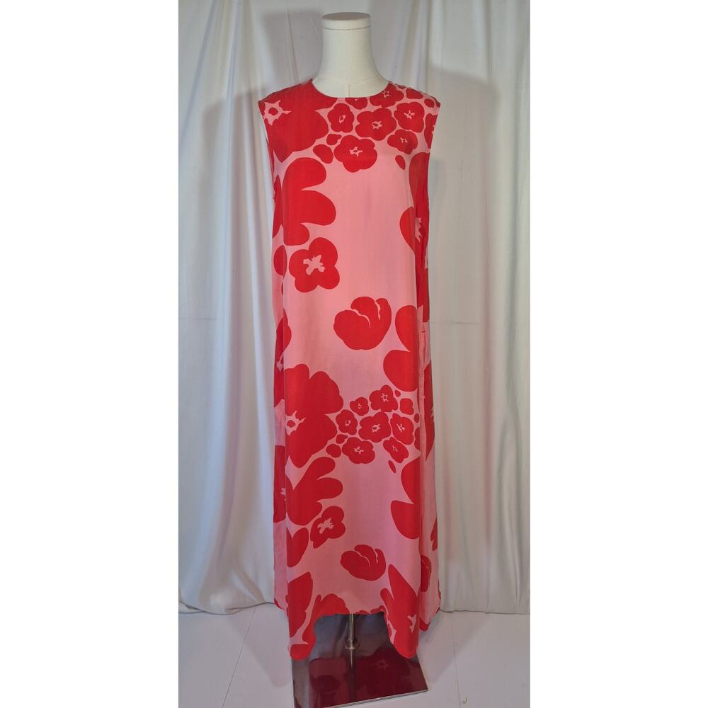 Marimekko Migot Kevättalkoot Cupro Dress Pink Red Floral 36 US 4 6 New - Picture 2 of 9